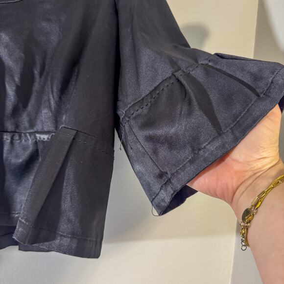 ELLE Black Satin Cropped Bolero Jacket | Peplum Ruffle Sleeves | Retro Glam - Picture 2 of 5